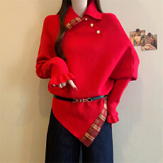 批发实拍~大码胖mm红色新年针织毛衣女秋<b class='q'>冬</b>新款不规则显瘦遮肉上衣