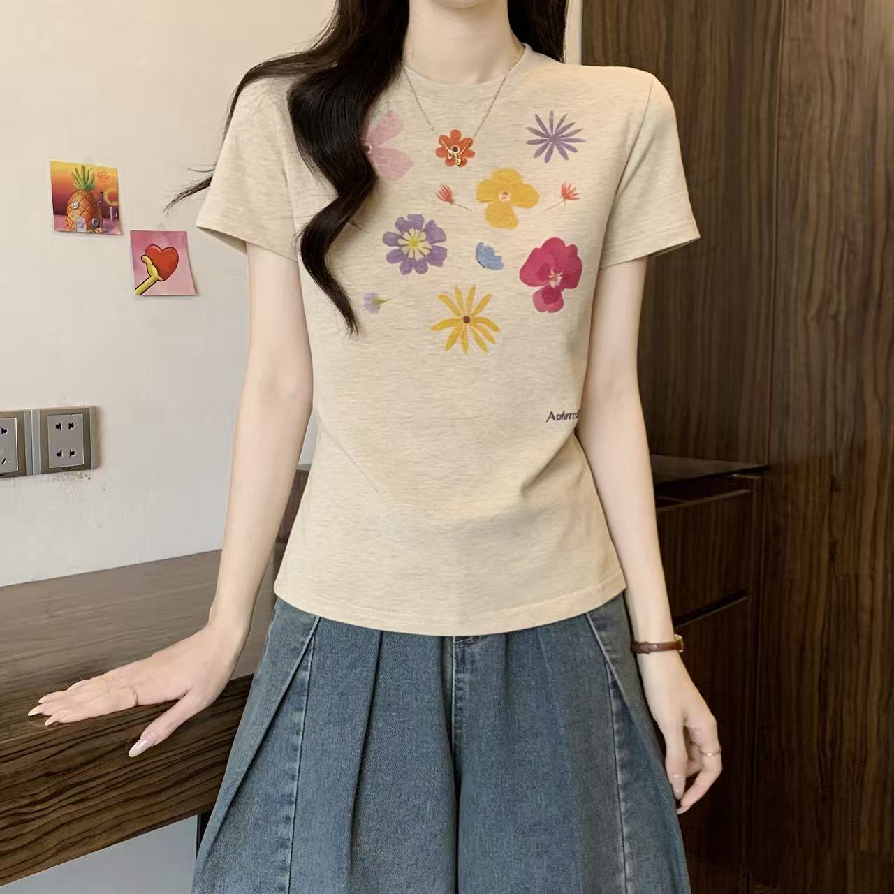 RY1991# 实拍微胖mm美式复古花朵印花短袖t恤女夏季修身显瘦正肩上衣