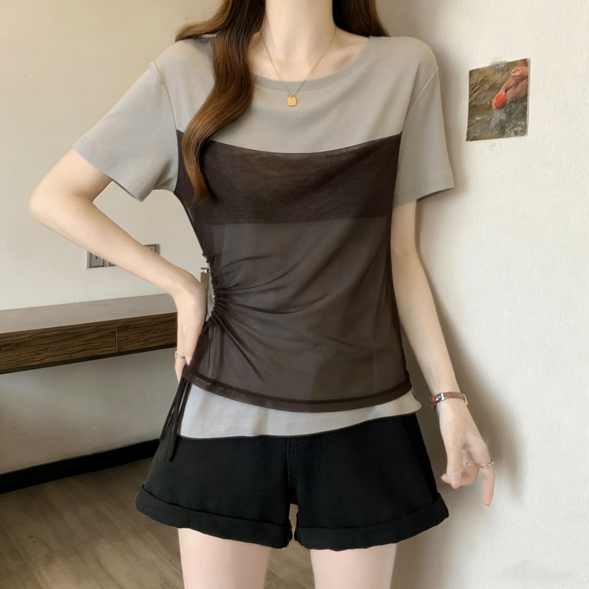 RY3262# 实拍胖MM灰色假两件T恤夏季新款设计感小众减龄拼接正肩短袖上衣