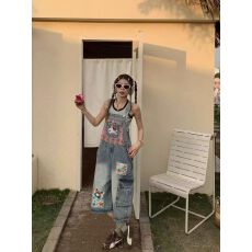 批发小众童趣狗狗刺绣贴布减龄<b class='q'>背带裤</b>牛仔女25新款宽松阔腿连体七分裤