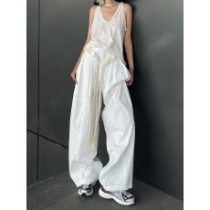 批发<b class='q'>欧美</b>复古水洗白色褶皱垂感休闲裤女夏季薄款辣妹bf慵懒风拖地长裤