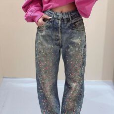 批发美式高街大码设计感<b class='q'>糖果</b>烫钻拼接牛仔裤子女辣妹时尚个性拖地长裤