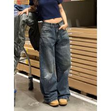 批发美式复古小众设计感<b class='q'>钉珠</b>拼接<b class='q'>牛仔裤</b>子女辣妹宽松bf慵懒风拖地长裤