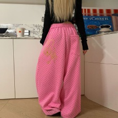 批发【重磅棉质】春秋款ins网红复古美式甜酷波点印花阔腿宽松休闲裤