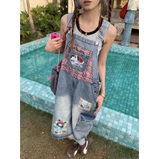 小众童趣狗狗刺绣贴布减龄背带裤牛仔女25新款宽松阔腿连体七分裤