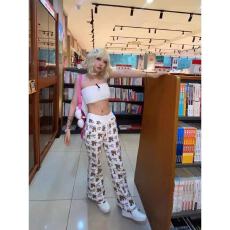 批发中低腰个性街头运动休闲裤甜酷风卡通猫印花y2k辣妹微喇阔腿<b class='q'>裤子</b>