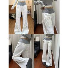 批发白色波点条纹拼接腰头薄款微喇裤小个子显腿细修身型高腰印花<b class='q'>裤子</b>