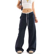 批发UNseasons 拼接双腰头假两件条纹<b class='q'>西装</b>裤男女宽松美式复古休闲裤潮