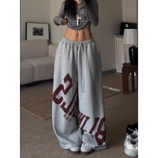 批发美式嘻哈复古灰色阔腿运动裤女秋<b class='q'>冬</b>宽松字母印花爵士街舞jazz卫裤