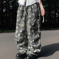 批发复古美式小众时髦休闲<b class='q'>裤</b><b class='q'>碎花</b>工装<b class='q'>裤</b>女抽绳潮流宽松百搭松弛感长<b class='q'>裤</b>