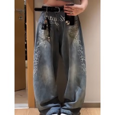 批发美式复古做旧<b class='q'>牛仔裤</b>女2025秋街头个性花朵刺绣阔腿长裤子ins风