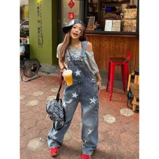 批发美式复古水洗星星印花牛仔<b class='q'>背带裤</b>春秋季高腰宽松显瘦百搭阔腿裤子