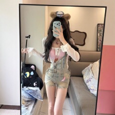 批发美式复古长袖防晒T恤上衣<b class='q'>女</b>夏季辣妹做旧复古牛仔背带短裤两件套