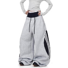 批发美式复古假两件条纹拼接弯刀卫裤男女嘻哈爵士舞双腰头阔腿<b class='q'>休闲裤</b>