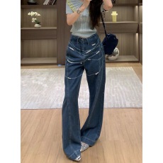 批发美式复古水洗阔腿<b class='q'>牛仔裤</b>子女夏季<b class='q'>钉珠</b>印花设计感显瘦百搭直筒长裤