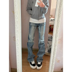 批发美式复古小众辣妹低腰窄版直筒<b class='q'>牛仔裤</b>女夏季修身显瘦弹性<b class='q'>微喇</b>叭裤