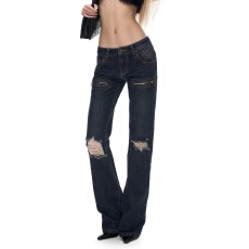 批发美式<b class='q'>大码</b>复古设计感拉链牛仔裤子女春季新款辣妹时尚破洞拖地<b class='q'>长裤</b>