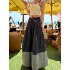 批发美式<b class='q'>大码</b>复古设计感拼接牛仔裤子女新款宽松廓形剪裁九分阔腿<b class='q'>裙裤</b>