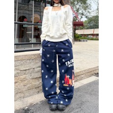 批发美式复古满印星星直筒卫<b class='q'>裤</b>女<b class='q'>嘻哈</b>街头宽松潮牌宽松hiphop休闲长<b class='q'>裤</b>