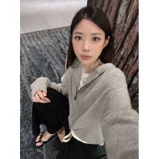 批发韩系慵懒风灰色华夫格连帽拉链针织毛衣开衫女装秋季新款外套上衣