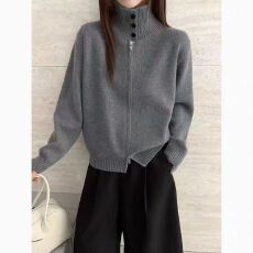 批发复古高领拉链针织<b class='q'>开衫</b><b class='q'>女</b>2026年秋冬季新款宽松显瘦百搭款毛衣外套
