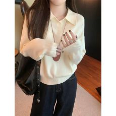 批发韩系polo领松弛感针织<b class='q'>毛衣</b><b class='q'>女</b>春秋冬季简约慵懒打底衫宽松内搭上衣