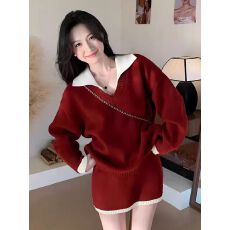 批发<b class='q'>大码</b>圣诞套装红色毛衣针织衫短裙两件套女秋冬巨显瘦气质一整套裙