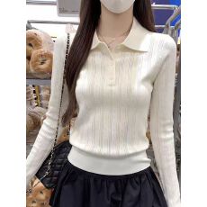 批发韩系Polo领提花长袖针织衫打底女2026早秋季内搭软糯翻领纽扣上衣