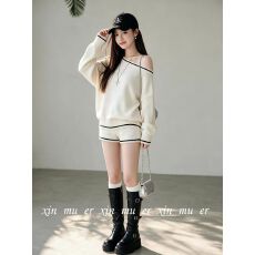 批发早秋新款小个子穿搭一整套毛衣女装斜肩<b class='q'>针织衫</b>搭配休闲短裤两件套