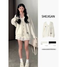 设计感蝴蝶结v领开衫针织衫春秋上衣毛衣外套百搭气质慵懒风上衣