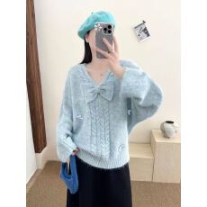 批发甜美风蝴蝶结V领长袖针织衫女2026秋<b class='q'>大码</b>胖mm宽松慵懒风减龄上衣