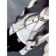 高级感小香风撞色立领针织开衫女秋冬季新款宽松百搭毛衣外套上衣