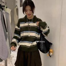 韩系学院风撞色条纹POLO领针织衫女秋冬时髦休闲松弛感打底衫上衣