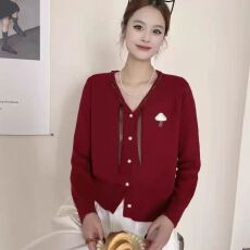 批发减龄甜美学院风蝴蝶结针织<b class='q'>开衫</b>女V领显瘦毛衣外套上衣内搭打底衫