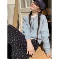 批发立体<b class='q'>花朵</b>蓝色毛衣开衫女2026秋冬新款韩系软糯巨好看外穿针织上衣