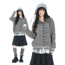 批发慵懒风条纹翻领针织<b class='q'>开衫</b>女小众设计感软糯显瘦毛衣外套