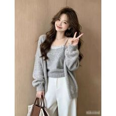 批发小香风套装女春秋<b class='q'>大码</b>微胖mm显瘦减龄针织开衫外套吊带背心两件套