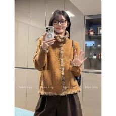 批发复古韩系慵懒风毛领毛衣<b class='q'>开衫</b>外套女秋冬季美拉德穿搭立领针织上衣
