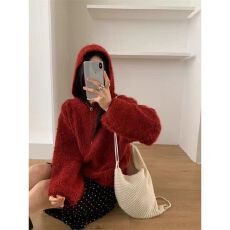 批发加厚软糯宽松连帽毛衣女秋冬新款半拉链毛圈慵懒风针织衫外套