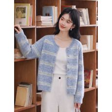 批发韩系条纹圆领针织<b class='q'>开衫</b>女2026秋季新款小个子外搭毛衣外套上衣