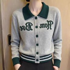 批发高级通勤撞色polo领字母提花长袖毛针织<b class='q'>开衫</b>女秋新款软糯显瘦上衣