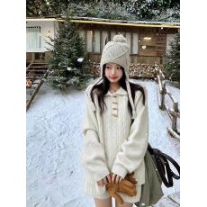 批发加厚毛衣冬季2026新款女牛角扣针织上衣韩系慵懒两件套装