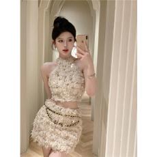 批发小香风辣妹挂脖流苏亮片上衣+防走光包臀高腰半身裙两件套装女秋