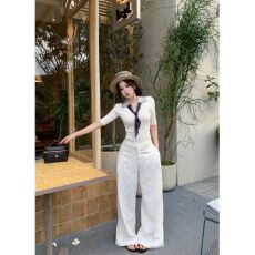 批发拼接假两件翻领短袖针织衫女夏季高智感穿搭套装休闲阔腿<b class='q'>裤</b><b class='q'>两件套</b>