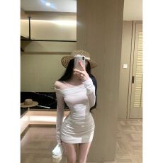 批发网纱拼接一字肩修身T恤女春季纯欲性感套装包臀半身裙白色<b class='q'>两件</b>套