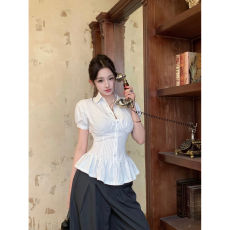 批发白色条纹polo领短袖衬衫女<b class='q'>夏</b>季荷叶边绑带收腰衬衣设计感修身上衣