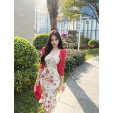 批发法式印花抹胸连衣裙女春季显身材中长款修身收腰温柔<b class='q'>包臀</b>鱼尾裙子