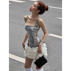 批发欧美复古风性感撞色抹胸<b class='q'>连衣裙</b>女秋时尚气质修身显瘦百搭蓬蓬短裙