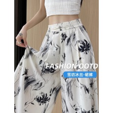 批发<b class='q'>雪纺</b>冰丝裙裤女夏季薄款水墨画国风印花扎染裤子小个子阔腿八分裤