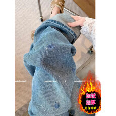 批发蓝色刺绣烫钻牛仔裤女<b class='q'>秋</b>冬新款加绒直筒裤大码宽松显瘦时尚阔腿裤